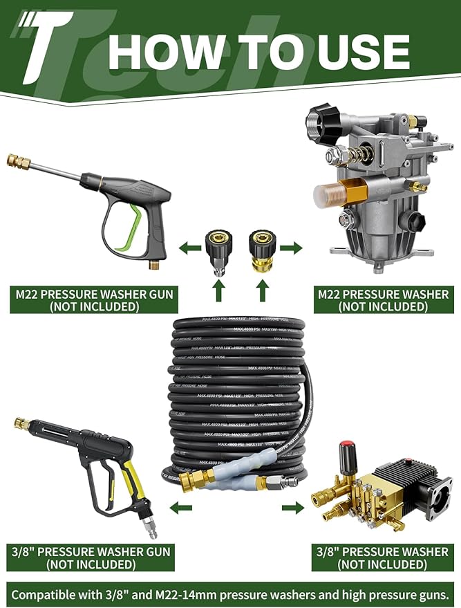 3/8" 4800PSI Pressure Washer Hose 50FT with Swivel Quick Connect for Cold/Hot Water Max 248°F, Kink Resistant Steel Wire Braided, Wear Resistant Power Washer Hose with M22 14mm Adapter