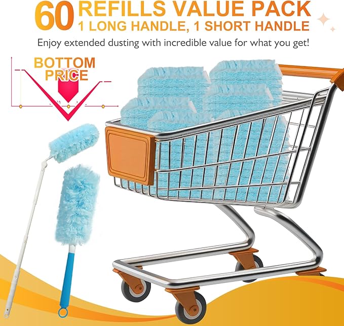 60PCS Fluffy 360° Heavy Duty Duster Refills fits Swiffer Duster, 4X Dust Capture Power, Unscented Disposable Electrostatic Dusters with 3ft Extended Handle for Furniture, Electronics, Blinds