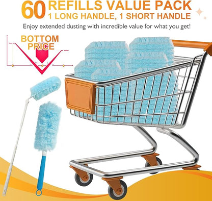 60PCS Fluffy 360° Heavy Duty Duster Refills fits Swiffer Duster, 4X Dust Capture Power, Unscented Disposable Electrostatic Dusters with 3ft Extended Handle for Furniture, Electronics, Blinds
