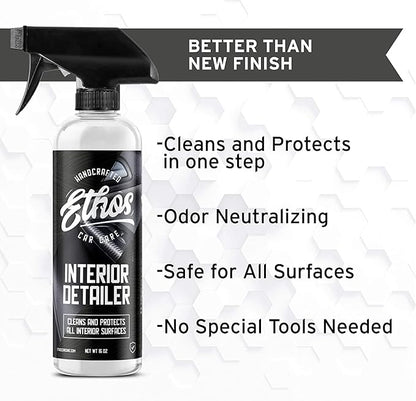 Ethos Car Care Interior Detailer - Easily Cleans and Protects All Interior Surfaces, Non Greasy Satin Finish, UV Protection and Odor Neutralizing Agents for Interior Care (Gallon)