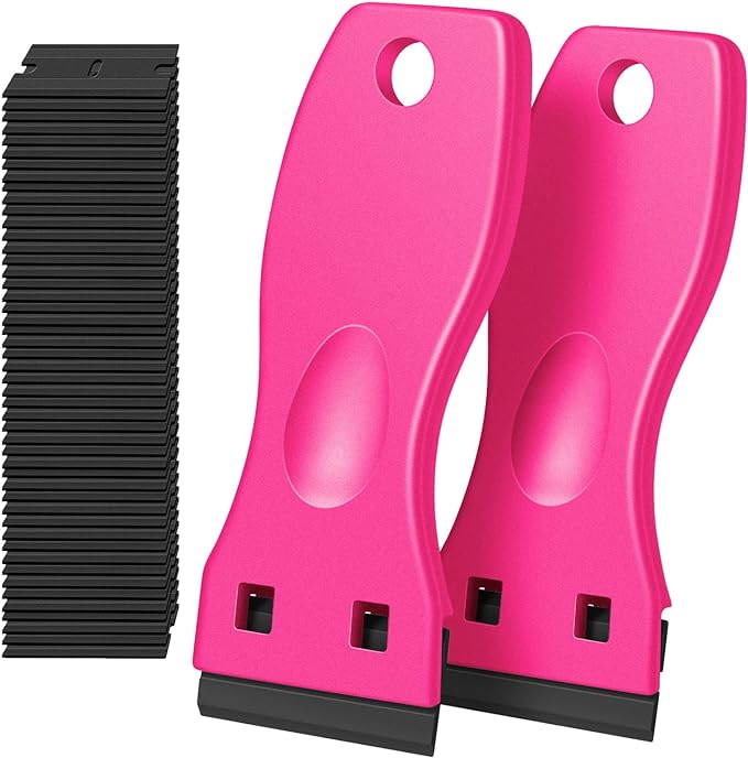 DEKEones Plastic Razor Blade Scraper, 2 Pack Razor Scraper with 100 Pcs Razor Blades for Removing Glue, Sticker, Decals, Tint from Car Window and Glass(Pink)