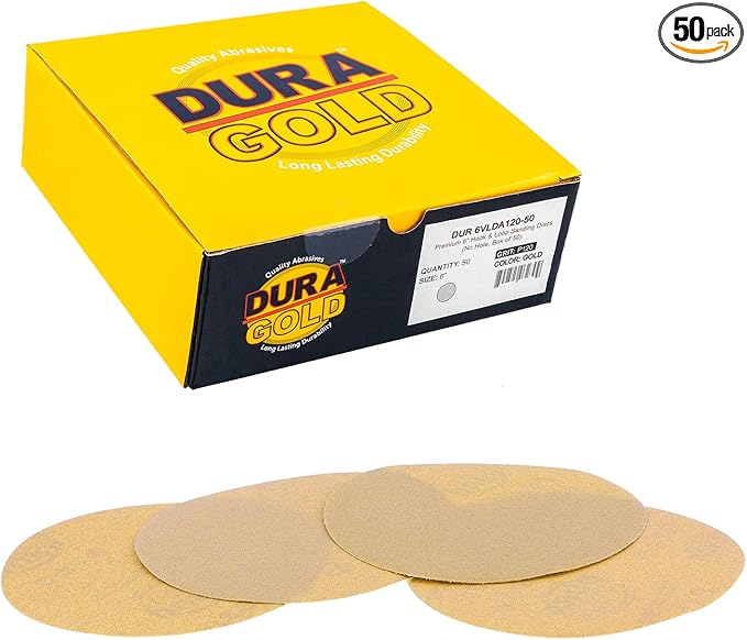 Dura-Gold Premium 120 Grit 6" Gold Sandpaper Discs, No Hole Pattern Dustless, Box of 50, Hook & Loop Backing for DA Sander, Finishing Coarse Sanding Abrasive Automotive Paint, Woodworking Wood, Metal