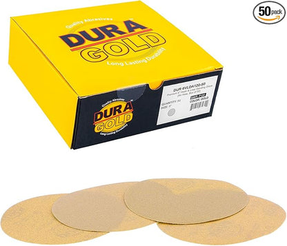 Dura-Gold Premium 120 Grit 6" Gold Sandpaper Discs, No Hole Pattern Dustless, Box of 50, Hook & Loop Backing for DA Sander, Finishing Coarse Sanding Abrasive Automotive Paint, Woodworking Wood, Metal