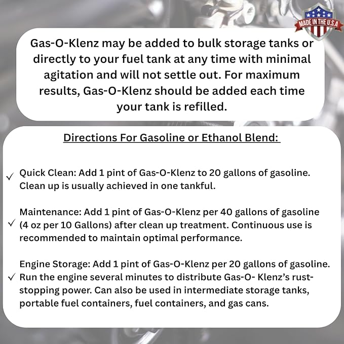 Gas O Klenz Gasoline Treatment | Fuel System Cleaner | Cleans Combustion Chambers & Fuel Injectors | Lubricates | Treats 40 Gallons | (16 Ounces)