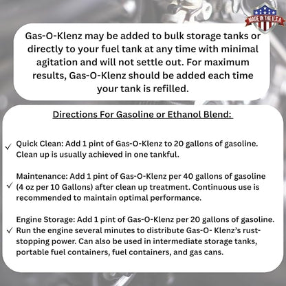 Gas O Klenz Gasoline Treatment | Fuel System Cleaner | Cleans Combustion Chambers & Fuel Injectors | Lubricates | Treats 40 Gallons | (16 Ounces)