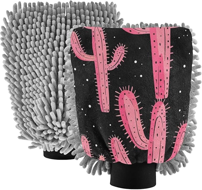 ALAZA Pink Cactus Cacti Car Wash Mitt Scratch Free, 2 Pack Absorbent Microfiber/Chenille Washing & Drying Mitts, L