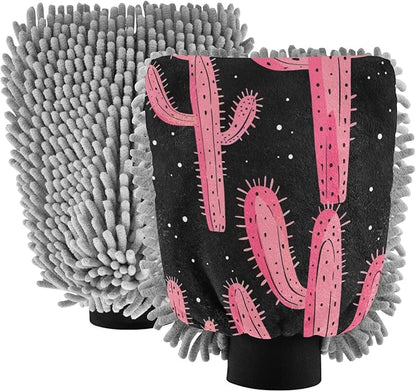 ALAZA Pink Cactus Cacti Car Wash Mitt Scratch Free, 2 Pack Absorbent Microfiber/Chenille Washing & Drying Mitts, L