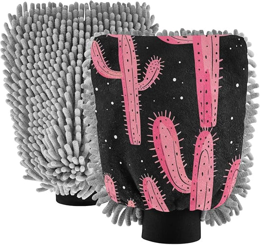 ALAZA Pink Cactus Cacti Car Wash Mitt Scratch Free, 2 Pack Absorbent Microfiber/Chenille Washing & Drying Mitts, L