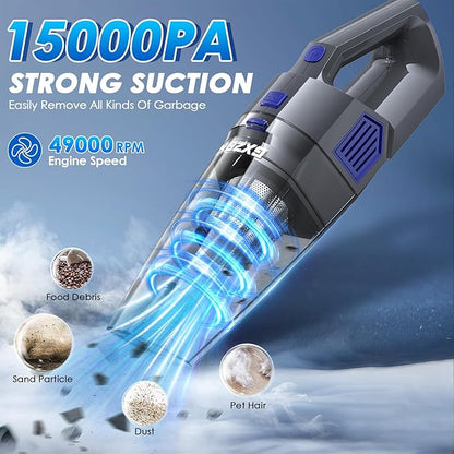 Gxzsk Handheld Vacuum Cordless, 15000PA Strong Suction Hand Held Car Vacuum Cleaner Rechargeable, Portable Hand Vacuum with Multi-Nozzles & Washable Filter for Home Office, Car, Pets