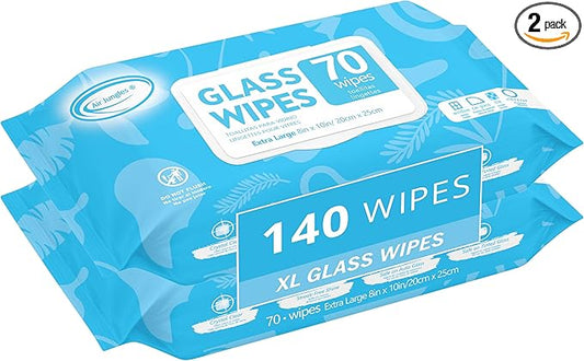 Air Jungles Glass and Window Cleaner Wipes 70 Count (Pack of 2), Extra Large 8" x 10" Size Cleaning Wipes for Car Windshield, Headlight, Mirror, Tile and Home Glass Surface