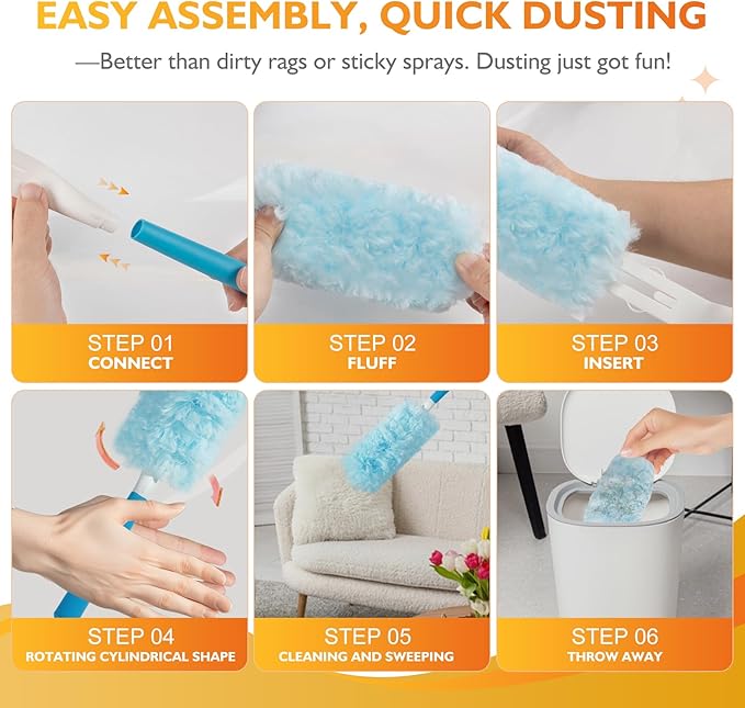 60PCS Fluffy 360° Heavy Duty Duster Refills fits Swiffer Duster, 4X Dust Capture Power, Unscented Disposable Electrostatic Dusters with 3ft Extended Handle for Furniture, Electronics, Blinds