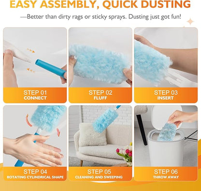 60PCS Fluffy 360° Heavy Duty Duster Refills fits Swiffer Duster, 4X Dust Capture Power, Unscented Disposable Electrostatic Dusters with 3ft Extended Handle for Furniture, Electronics, Blinds
