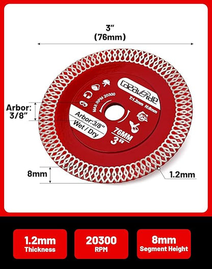 Casaverde 2 Pcs of 3"/76mm Diamond Blade with 3/8" Arbor for Cutting Ceramic Tile,Stone Tile