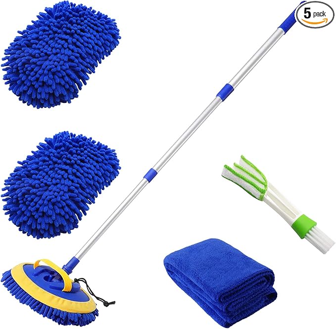 2 in 1 Microfiber Car Wash Mop Mitt with 45" Aluminum Alloy Long Handle,Chenille Car Cleaning Kit Brush Duster with Scratch Free for Washing Car/Truck/RV,2 Mop Head and 1 Towels and Air Vent Duster