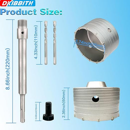 3-3/4" Concrete Hole Saw, 95mm Tungsten Steel Core Bit for Cinder Block, Brick, Rock, Plank Walls for Pipes or mini Split Lines, with SDS Plus Shank and 2 Center Positioning Drill Bits.