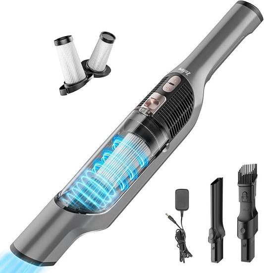 Zefiro Compact & Powerful Cordless Handheld Vacuum, Rechargeable Portable Car Vacuum for Car & Pet Hair, 22000PA High Power Suction, XL Dust Cup, 2 Brushes & Filters, Long Runtime with Charger