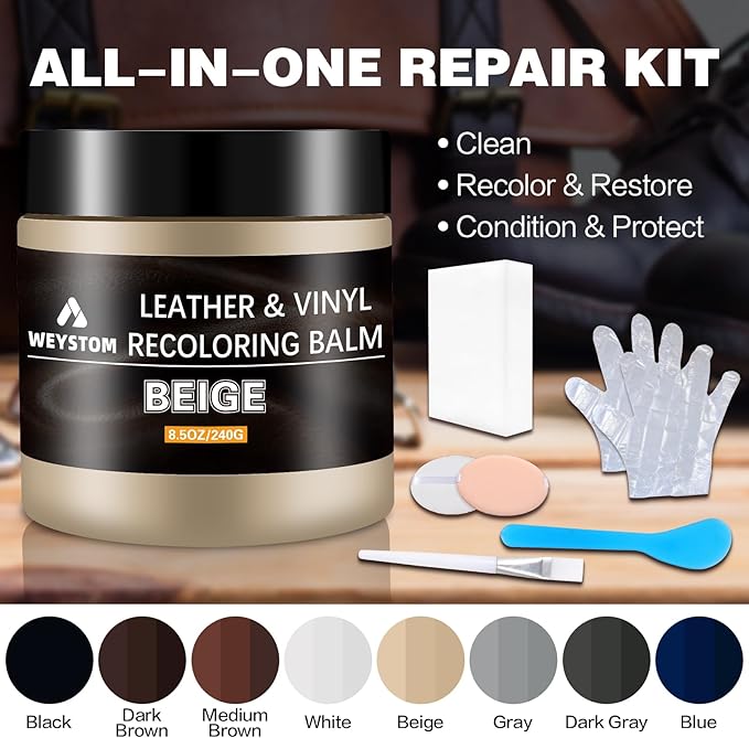 Leather Recoloring Balm - Beige Leather Repair Kit for Furniture, Dye, Recolor, Renew, Repair & Restore Aged, Faded, Cracked, Peeling and Scuffed