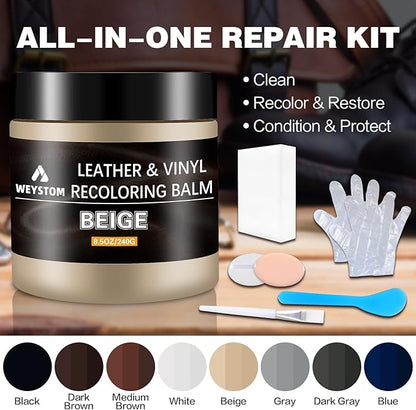 Leather Recoloring Balm - Beige Leather Repair Kit for Furniture, Dye, Recolor, Renew, Repair & Restore Aged, Faded, Cracked, Peeling and Scuffed