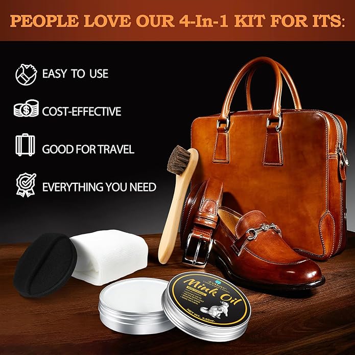 Feilove 4-in-1 Mink Oil Leather Conditioner and Cleaner 3.52 oz - Premium Waterproof Formula for Boots and Shoes
