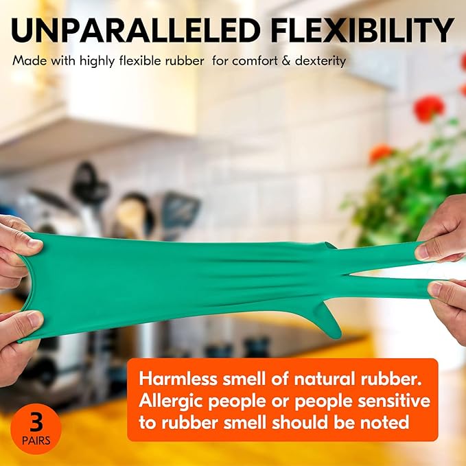 Vgo... 3-Pairs Reusable Household Gloves, Rubber Dishwashing gloves, Extra Thickness, Long Sleeves, Kitchen Cleaning, Working, Painting, Gardening, Pet Care (Size XL, Green, HH4601)