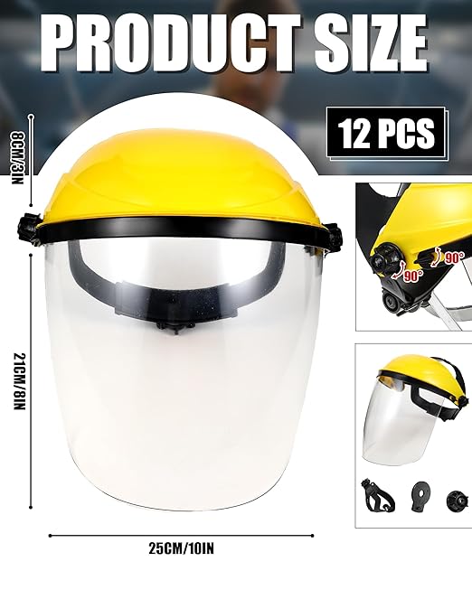 Tellegloww 12 Pack Safety Face Shield for Grinding and Cutting, Full Impact Resistant Face Shield Mask for Work Chemical Woodworking (Yellow)