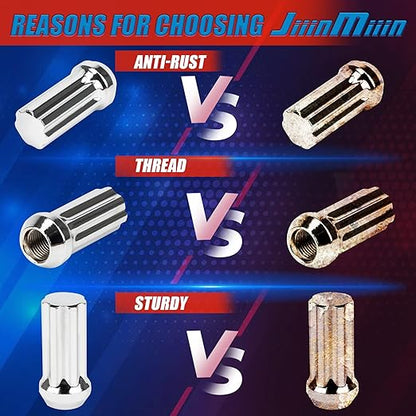 JiiinMiiin 24pcs M14x2.0 Lug Nuts Chrome with 7 Spline Tuner, 14x2 Locking Lugnut 2 inch Length with 1 Socket Key, 60 Degree Conical/Cone Bulge Seat Closed End