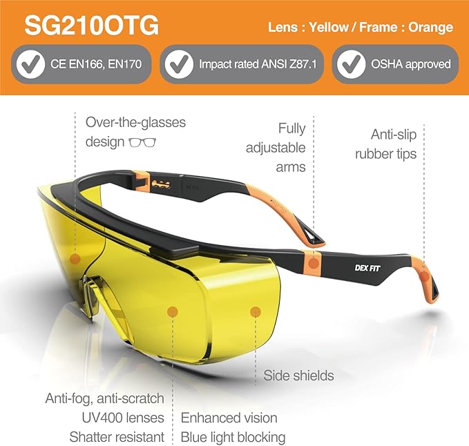 DEX FIT Safety Work Over Glasses SG210 OTG; Z87 Eye Protection for Men & Women, Fog & Scratch Resistant, Adjustable, UV & Blue Light Blocking (Black & Orange Frame, Yellow Lens)
