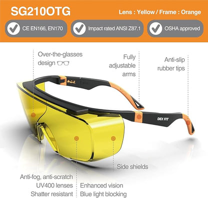 DEX FIT Safety Work Over Glasses SG210 OTG; Z87 Eye Protection for Men & Women, Fog & Scratch Resistant, Adjustable, UV & Blue Light Blocking (Black & Orange Frame, Yellow Lens)