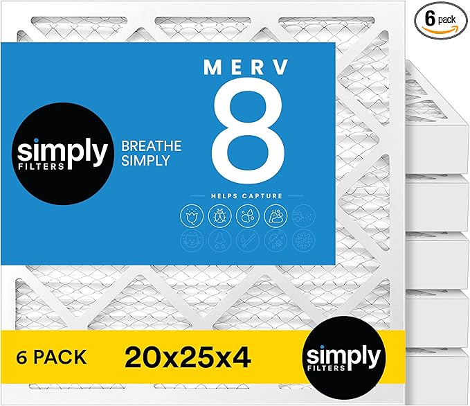Simply 20x25x4 Air Filter, MERV 8, 6 Pack, Furnace Air Filter for HVAC (Actual Size:19.5"x24.5"x3.63") DUST, Pet, & Allergy Control