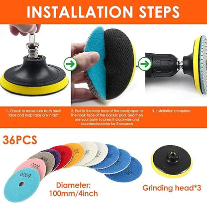 36pcs Diamond Polishing Pads Kit 4 Inch 100mm Round Sanding Discs Wet Dry Grinding Wheels Set Diamond Sandpaper for Diamond Granite Stone Concrete Marble