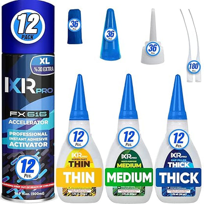 CA Glue with Activator Kit (36x1.75 oz. Thin-Medium-Thick + 12x16.9 fl.oz.) Cyanoacrylate Glue and Activator, Super Glue Accelerator, Super Glue for Wood, Woodworking, Plastic, Guitar, 3D Printing
