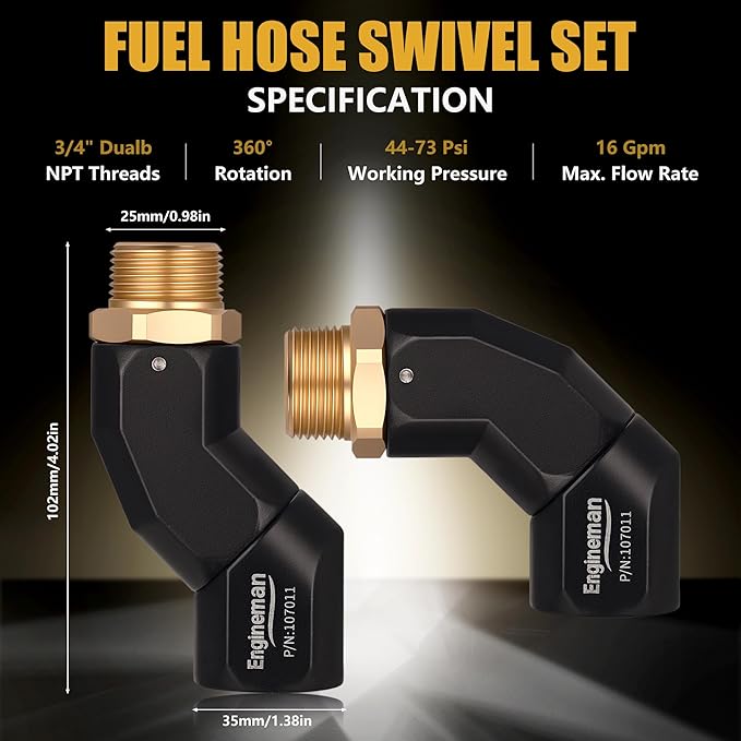 2pcs 3/4" NPT Fuel Hose Swivel - Multi-Plane 360° Rotating Connector for Fuel, Water, Diesel, Gasoline, Kerosene Transfer Pumps, Tanks, Nozzles