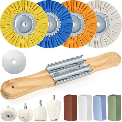 Liliful 15 Pcs 8" Airway Polishing Wheel Kit in Diameter 5/8", Metal Aluminum Buffing Wheel and Polishing Compound and Buffing Drill and Rake Pad for Angle Grinder Mirror Metal Finish (Bright Color)