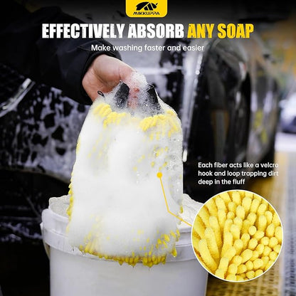 MIKKUPPA Car Wash Mitt Microfiber - Double-Sided Chenille Scratch Free Mitt with Waterproof Inner for Car Washing Home Cleaning (Yellow & Gray, 2Pack, 10'' x 7'')