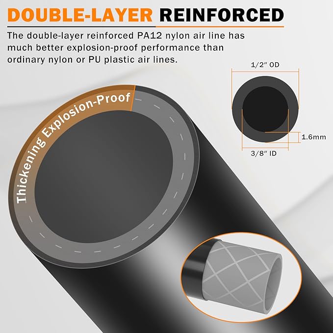 CheeMuii 100 FT 1/2" Double Layer DOT Air Line Premium PA12 Nylon 1/2 Pneumatic Tubing SAE J844 DOT Air Hose 31 Meter 1/2 Inch OD Pneumatic Air Tubing Pipe Hose Line
