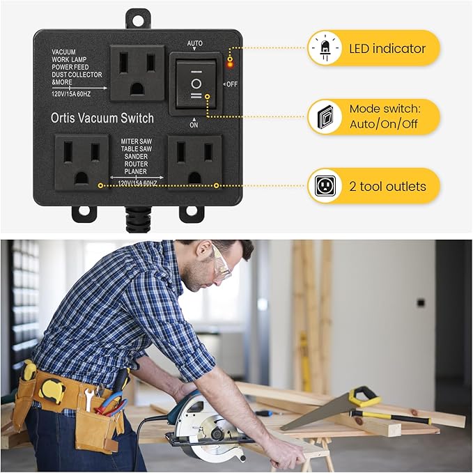 Automatic Vacuum Switch, Ortis Vacuum Switch for More Power Tools, Delay Vacuum On/Off to Prevent Circuit Overload and Tripping, Keep Your Workplace Cleaner, Better for Your Lung, Black