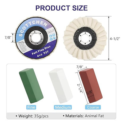 SCOTTCHEN 5 Pack Felt Flap Disc Abrasives 4-1/2" x 7/8" Arbor for Angle Grinder,with Buffing Polishing Cutting Compounds 4 Oz. Kit-Green Fine/White Medium/Red Coarse 3 Pack