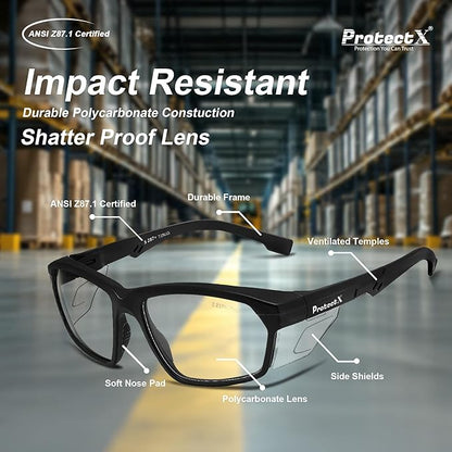 ProtectX Classic Safety Glasses, Anti-Fog Scratch Resistant Lenses, Protective Eyewear for Work, Indoor/Outdoor, ANSI Z87.1