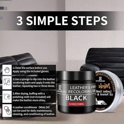 SHADAIWUYU 8.5oz Leather Recoloring Balm with 100ml Mink Oil,Black Leather Repair kit for Furniture and Car Interior,Leather Couch Scratch Repair,Leather Dye Paint,Mink Oil for Leather