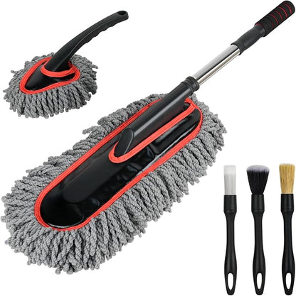 Car Duster Exterior Scratch Free,Microfiber Car Duster with Extendable Handle, with 3PCS Detailing Brush, Exterior Interior Multipurpose for SUV,Truck,RV