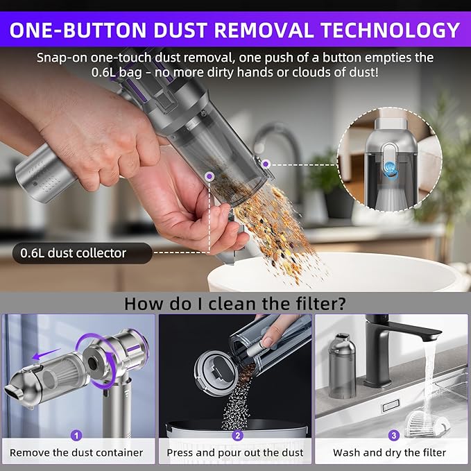 CUGEFRE Handheld Vacuum Cordless, 28000Pa 4 in 1 Car Vacuum Portable Cordless, One-Touch Dust Removal, 3-Speed Brushless Motor Mini Vacuum, Ideal for Home, Car, Office, and Pet Hair Cleanup, Silver
