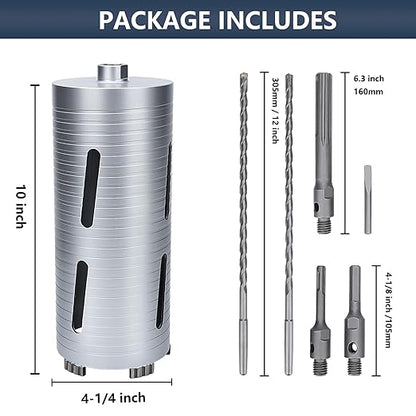 4-1/4 inch Diamond Dry Core Drill Bit, 10" Drilling Depth, 5/8"-11 Thread Core Drill Bit for Concrete Masonry Brick Block, Includes 3 Adapters SDS Plus, SDS Max and Hex (4-1/4 inch)