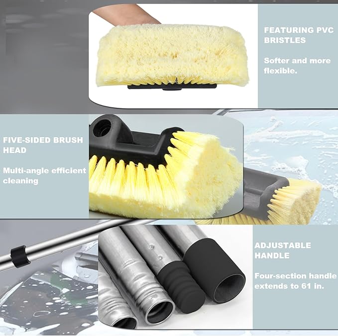 Car Wash Brush with Long Handle – Five-Sided Soft Bristle Brush for Car, Truck, SUV, RV, Boat & House Siding Cleaning