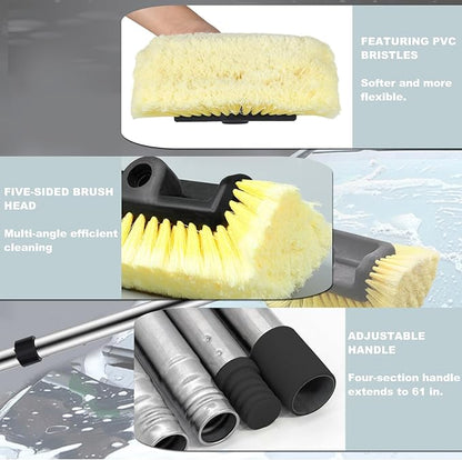Car Wash Brush with Long Handle – Five-Sided Soft Bristle Brush for Car, Truck, SUV, RV, Boat & House Siding Cleaning
