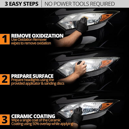 CERAKOTE® Ceramic Headlight Restoration Kit – Guaranteed To Last As Long As You Own Your Vehicle – Brings Headlights Back to Like New Condition - No Power Tools Required - 10 Wipe Kit