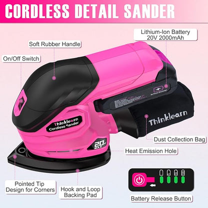 Cordless Detail Sander - 20V Electric Hand Sander with 22Pcs Sandpapers, 12000 RPM Mouse Sander with Dust Bag, Compact Palm Sander Tool for Woodworking, 2.0Ah Battery and Charger Included