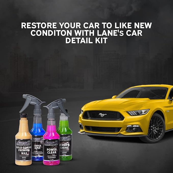 LANE'S Premium Detail Kit - 32oz- Contains Super Blue Tire Dressing - Gold Edition Premium Wax - Wash & Shine Soap- Power Clean Vinyl Cleaner