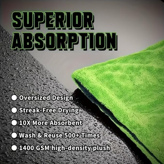 1200GSM Microfiber Car Drying Towel, Double-Twist Loop, Ultra-Absorbent, Quick-Dry, Lint- & Streak-Free, Scratch-Safe, for Car Wash & Detailing (1 Pack) (Dark Grey & Green, 16" x 16")