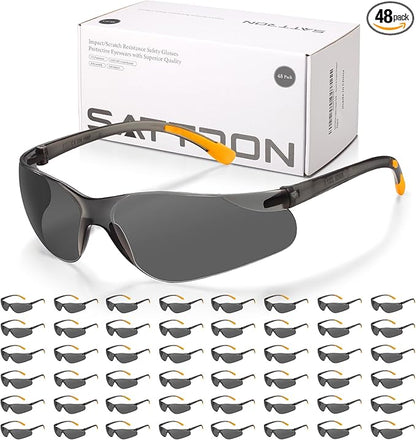 SATTRON Tinted Safety Glasses Bulk 48 Pack, Dark Smoke Lenses UV Protective Safety Sunglasses for Men Women, ANSI Z87.1 Scratch & Impact Resistant Eye Protection for Construction, Shooting, Lab