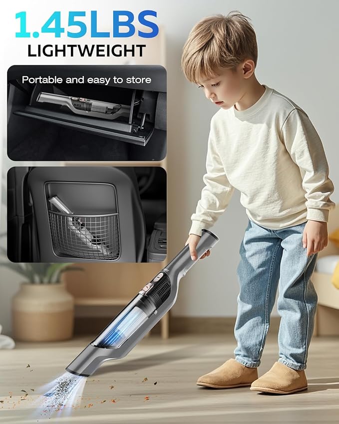 Zefiro Compact & Powerful Cordless Handheld Vacuum, Rechargeable Portable Car Vacuum for Car & Pet Hair, 22000PA High Power Suction, XL Dust Cup, 2 Brushes & Filters, Long Runtime with Charger